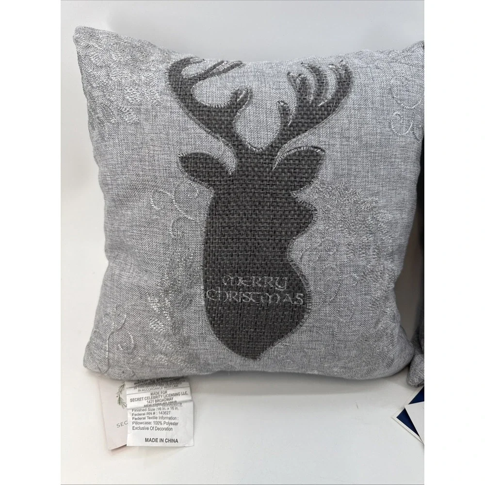 2-Secret Celebrity Merry Christmas Gray Deer Embroidered‎ Throw Pillows NWT
